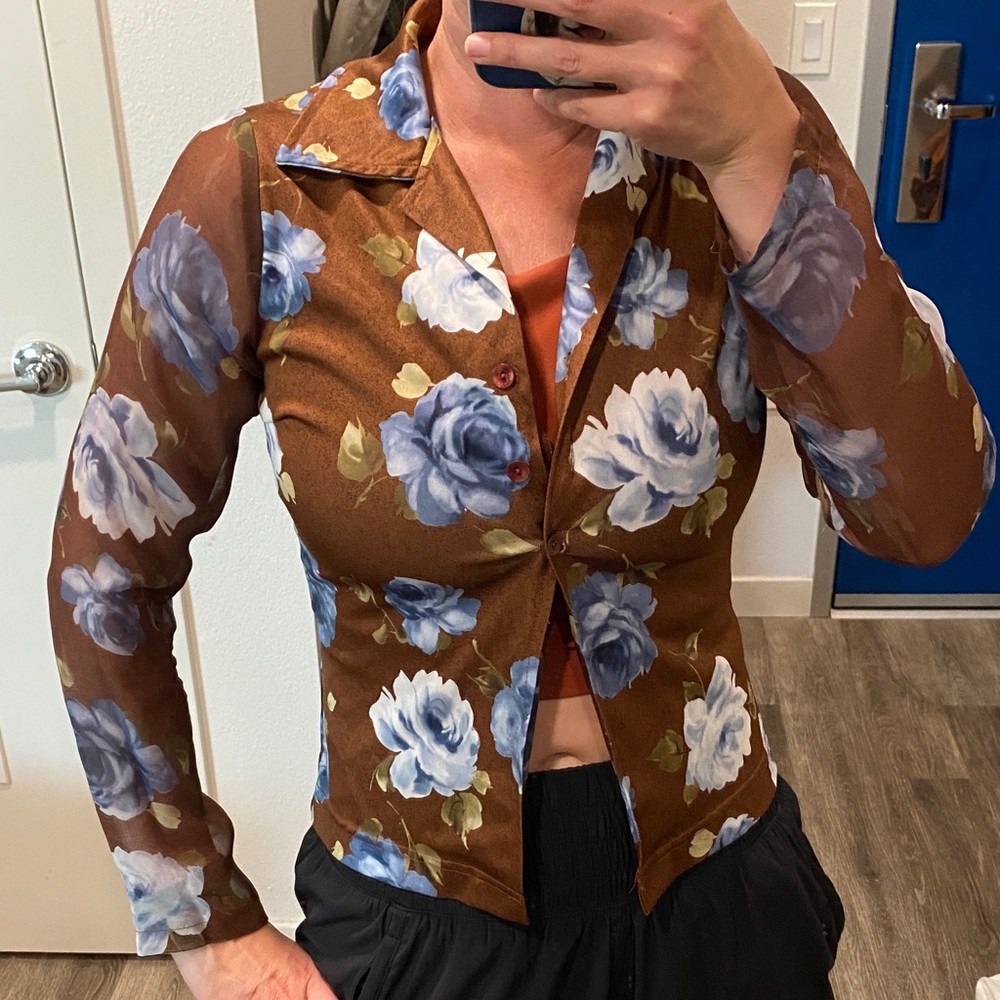 Y2k no boundaries collared floral brown button down top sheer long sleeves Small